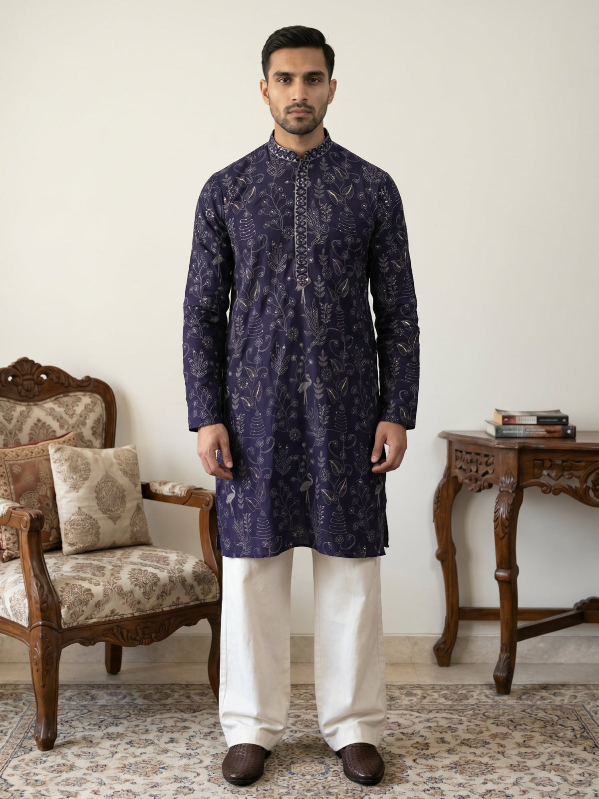 Embroidered Silk Blend Kurta with Korean Pants ( JOKP PJ11W 5246Navy )
