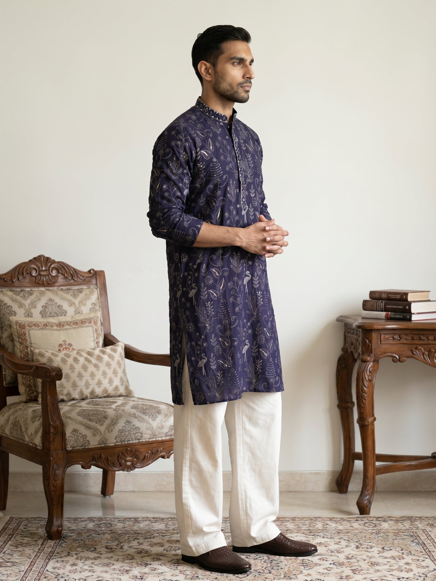 DesiQlo Men Embroidered Kurta Pyjama Set - Blue - JOKP_PJ11W_5246Navy_
