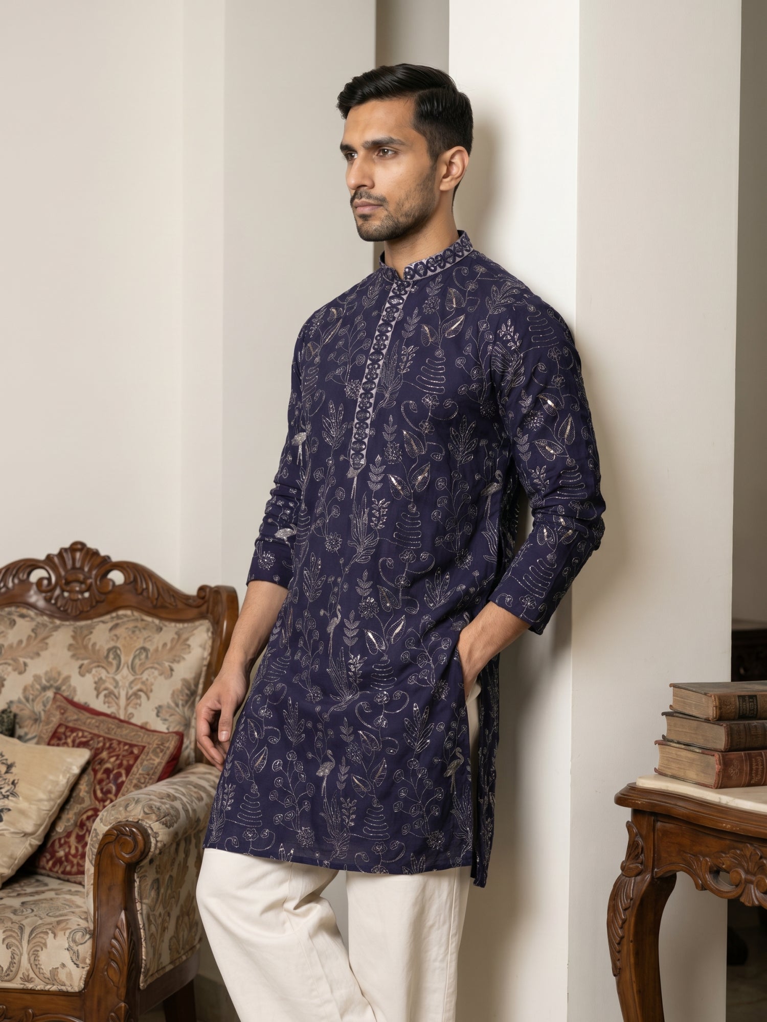 DesiQlo Men Embroidered Kurta Pyjama Set - Blue - JOKP_PJ11W_5246Navy_