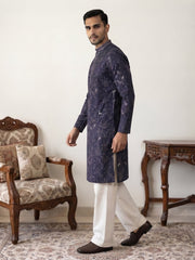 Embroidered Silk Blend Kurta with Korean Pants ( JOKP PJ11W 5246Navy )