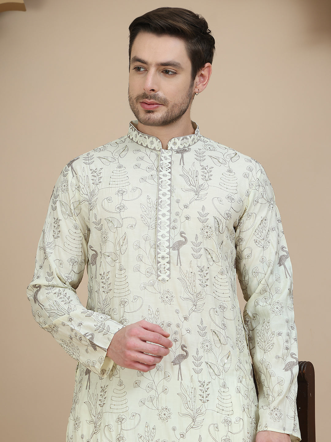 DesiQlo Men Embroidered Kurta Pyjama Set - White - JOKP_P_5246Off-Whit