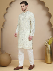 Embroidered Silk Blend Kurta Set for Men ( JOKP P 5246 White ) [FF] [ A11 ]