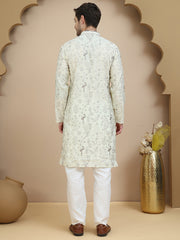 Embroidered Silk Blend Kurta Set for Men ( JOKP P 5246 White ) [FF] [ A11 ]