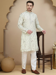Embroidered Silk Blend Kurta Set for Men ( JOKP P 5246 White ) [FF] [ A11 ]