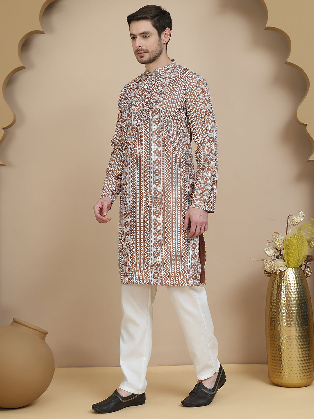 DesiQlo Men Printed Kurta Pyjama Set - Brown - JOKP_P_5250Brown_S