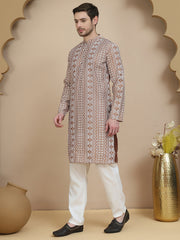 Geometric Print Silk Blend Straight Kurta Set for Men ( JOKP P 5250 Brown ) [FF] [N-7 ]