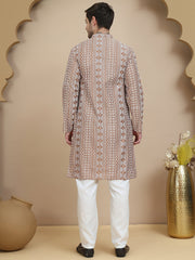 Geometric Print Silk Blend Straight Kurta Set for Men ( JOKP P 5250 Brown ) [FF] [N-7 ]