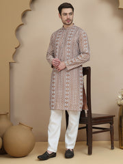Geometric Print Silk Blend Straight Kurta Set for Men ( JOKP P 5250 Brown ) [FF] [N-7 ]