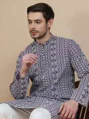 Geometric Print Silk Blend Straight Kurta Set for Men ( JOKP P 5250 Purple ) [FF] [N-7 ]