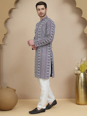 Geometric Print Silk Blend Straight Kurta Set for Men ( JOKP P 5250 Purple ) [FF] [N-7 ]