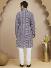 Geometric Print Silk Blend Straight Kurta Set for Men ( JOKP P 5250 Purple ) [FF] [N-7 ]