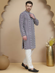 Geometric Print Silk Blend Straight Kurta Set for Men ( JOKP P 5250 Purple ) [FF] [N-7 ]