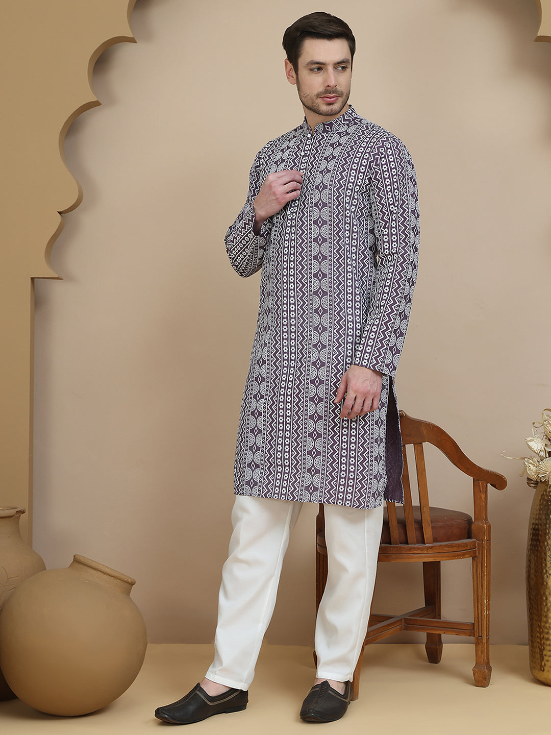 DesiQlo Men Printed Kurta Pyjama Set - Purple - JOKP_P_5250Purple_S