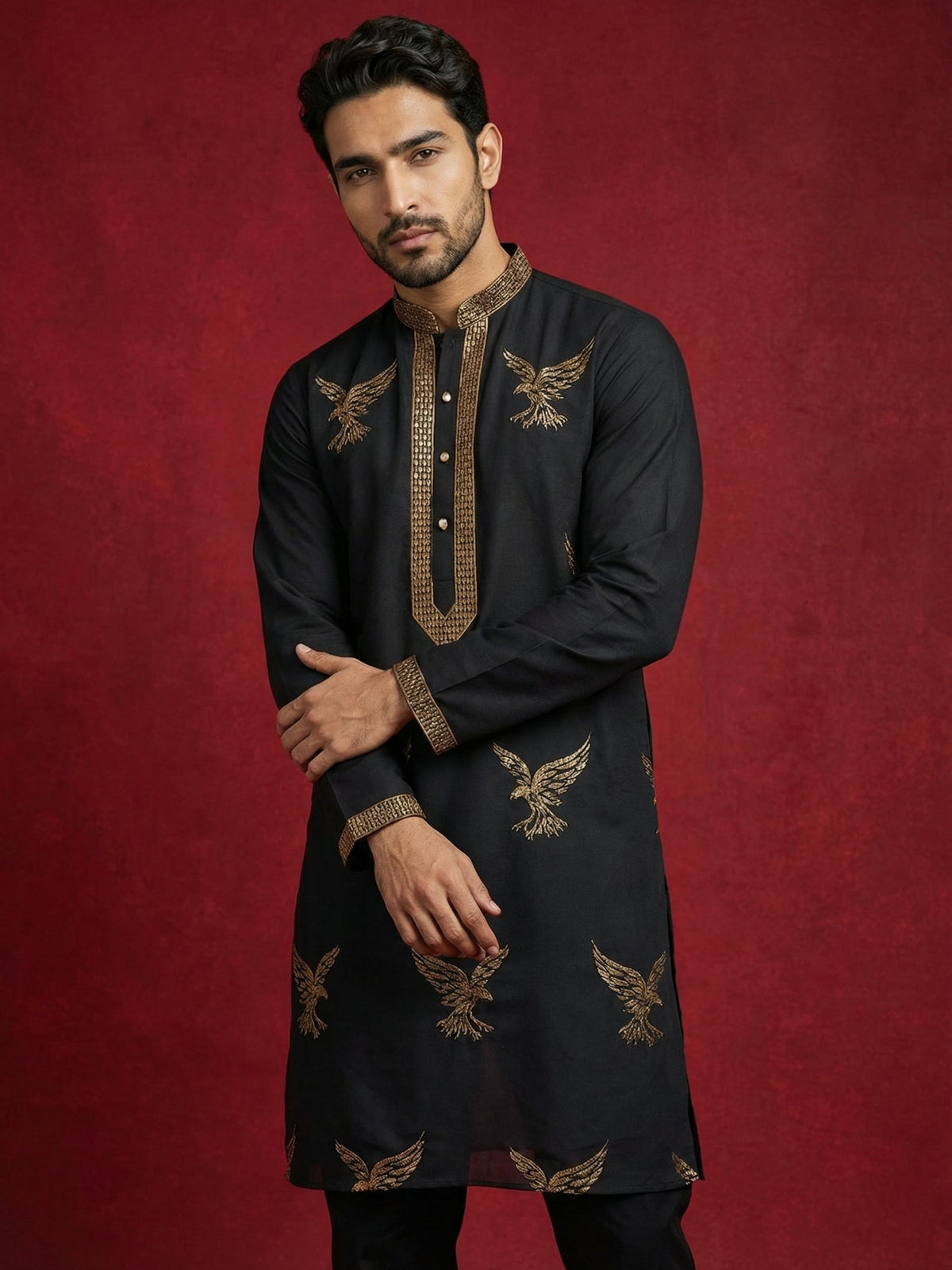 Silk Blend Kurta Pyjama Set with Golden Eagle Embroidery ( JOKP B-P 5256Black )