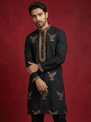 Silk Blend Kurta Pyjama Set with Golden Eagle Embroidery ( JOKP B-P 5256Black )