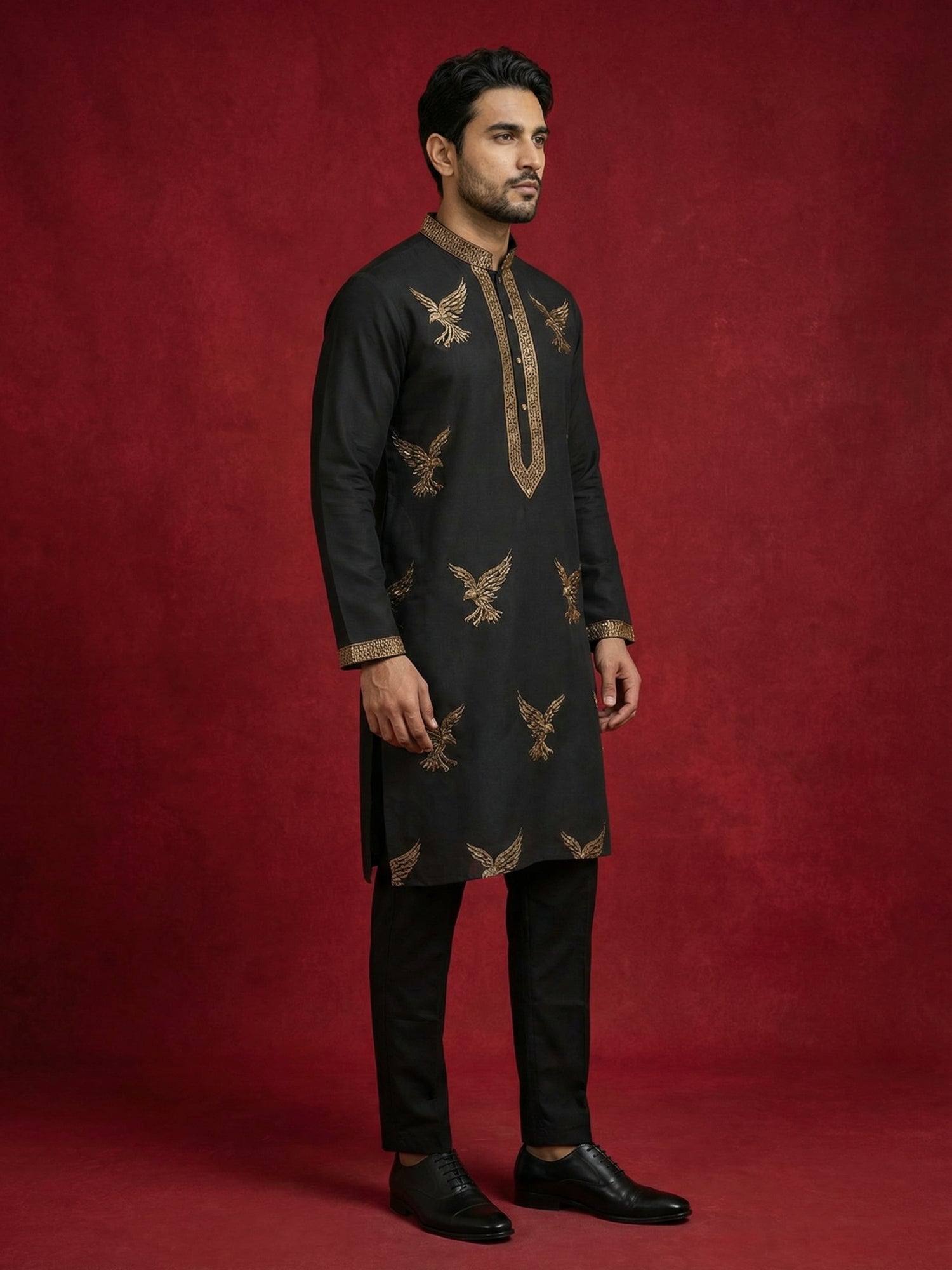 DesiQlo Men Embroidered Kurta Pyjama Set - Black - JOKP_B-P_5256Black_