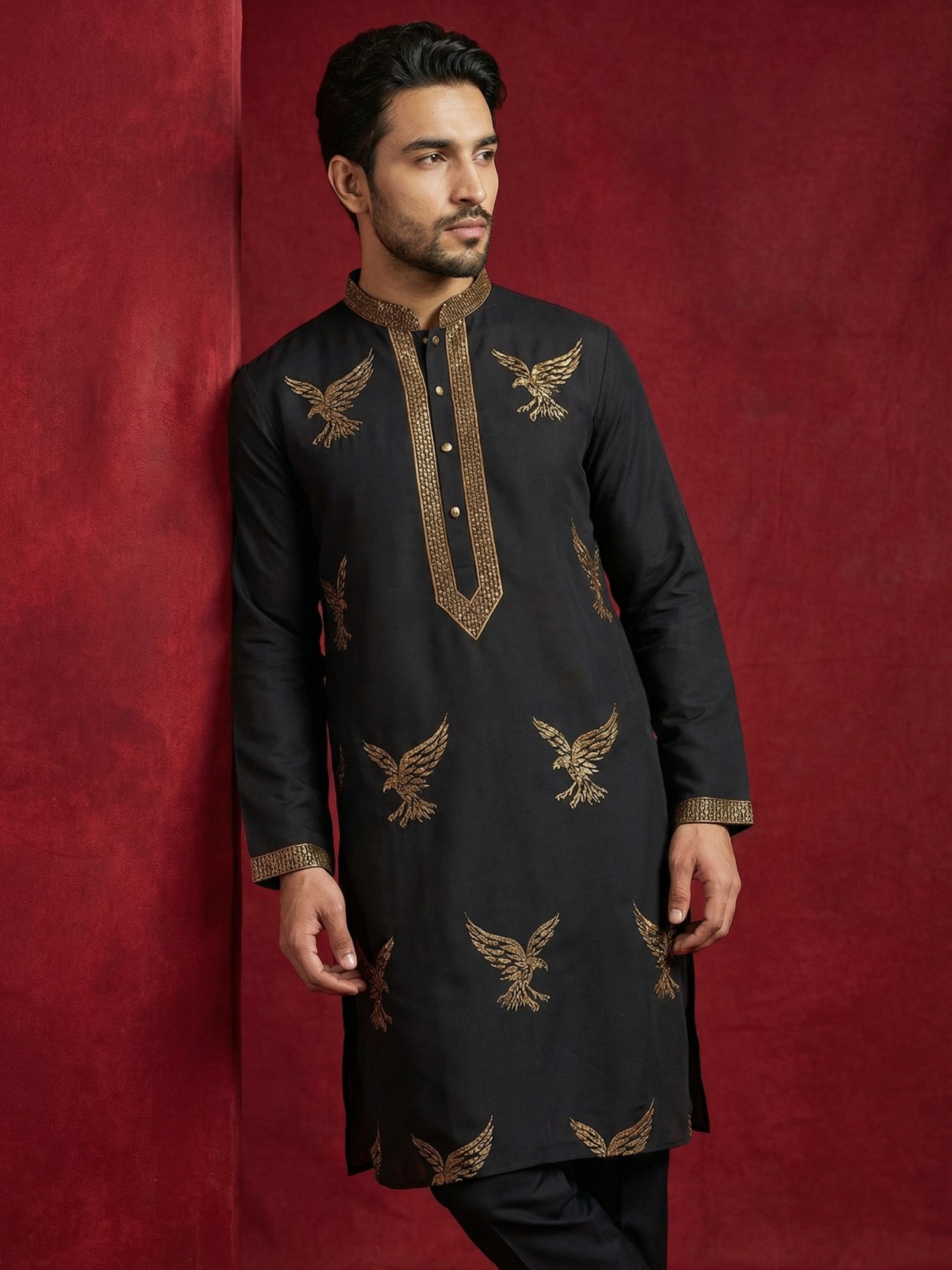 DesiQlo Men Embroidered Kurta Pyjama Set - Black - JOKP_B-P_5256Black_