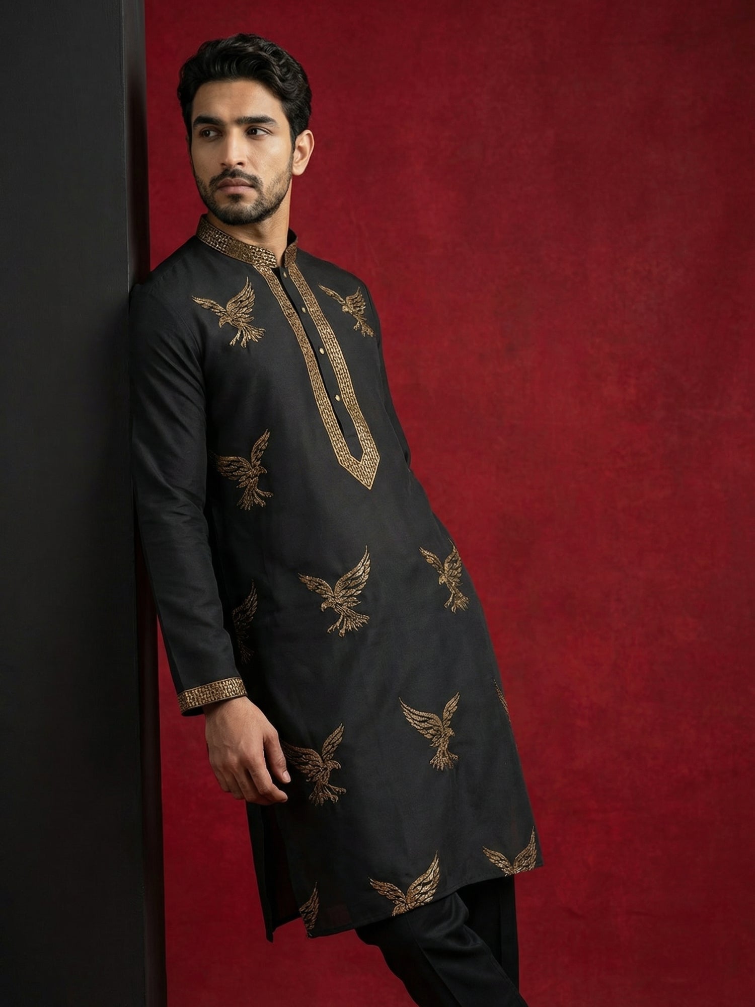 DesiQlo Men Embroidered Kurta Pyjama Set - Black - JOKP_B-P_5256Black_