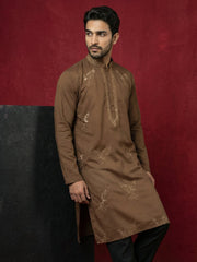 Silk Blend Kurta Pyjama Set with Golden Eagle Embroidery ( JOKP B-P 5256Brown )