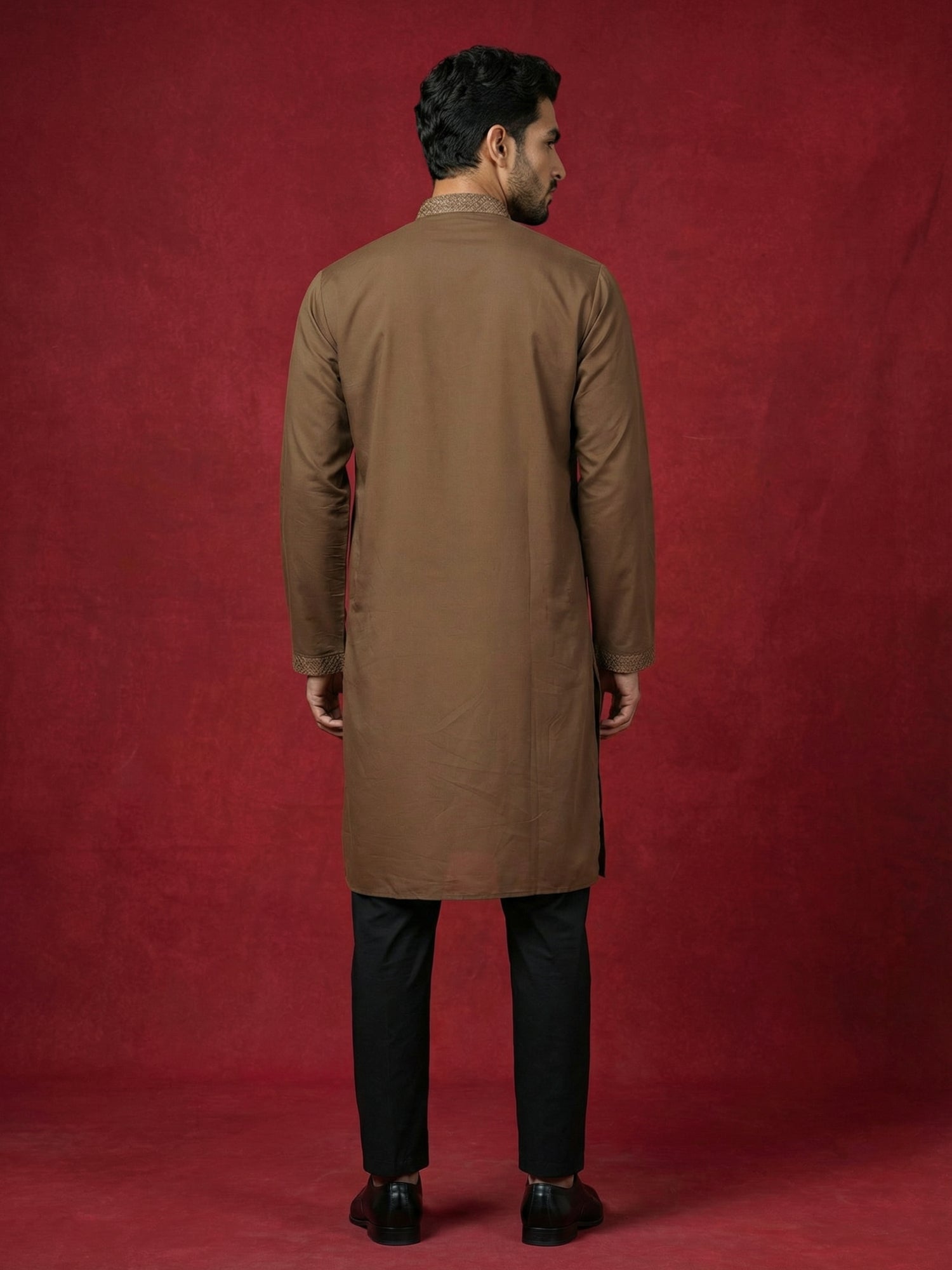 DesiQlo Men Embroidered Kurta Pyjama Set - Brown - JOKP_B-P_5256Brown_