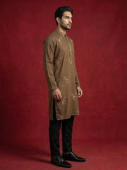 Silk Blend Kurta Pyjama Set with Golden Eagle Embroidery ( JOKP B-P 5256Brown )