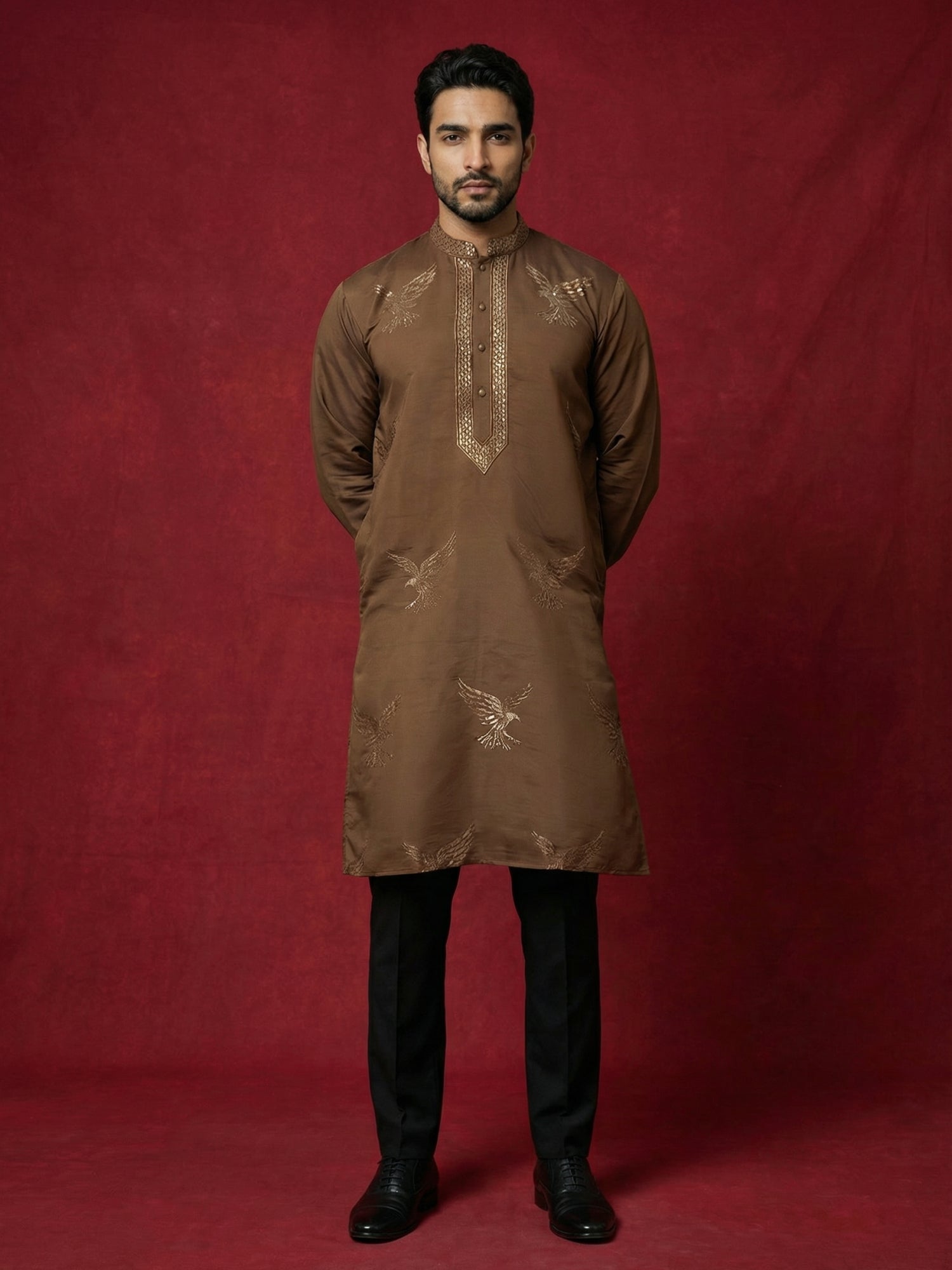DesiQlo Men Embroidered Kurta Pyjama Set - Brown - JOKP_B-P_5256Brown_