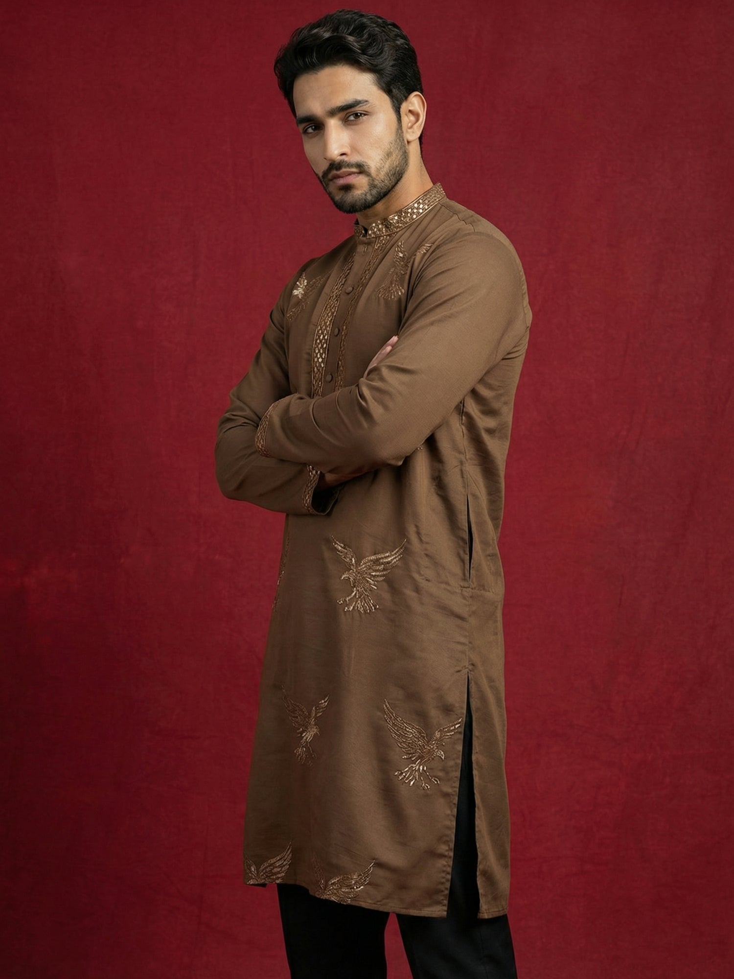 DesiQlo Men Embroidered Kurta Pyjama Set - Brown - JOKP_B-P_5256Brown_