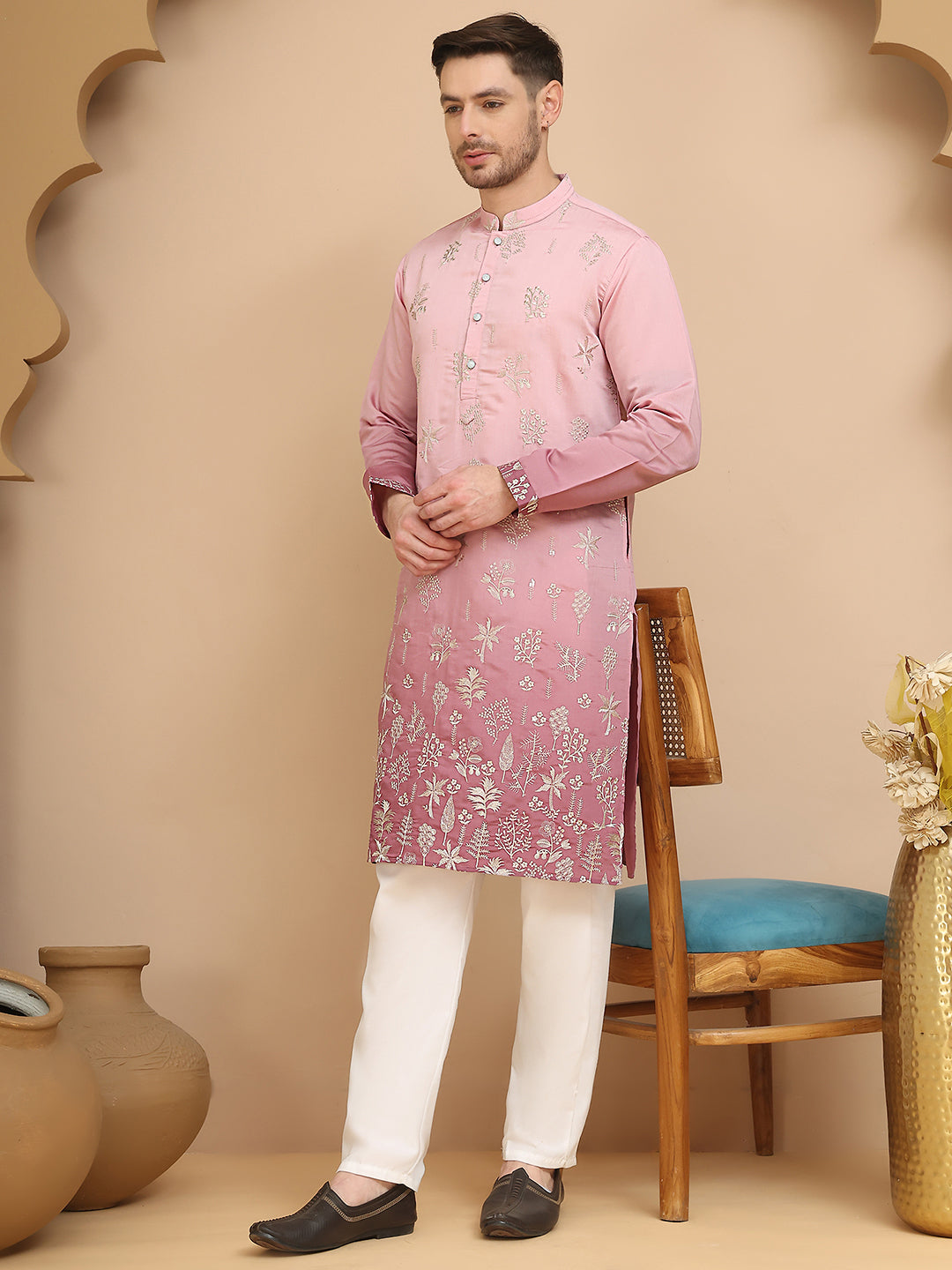 DesiQlo Men Silk Blend Kurta Pyjama Set - Pink