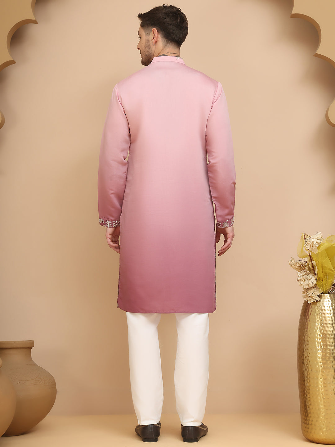 DesiQlo Men Silk Blend Kurta Pyjama Set - Pink