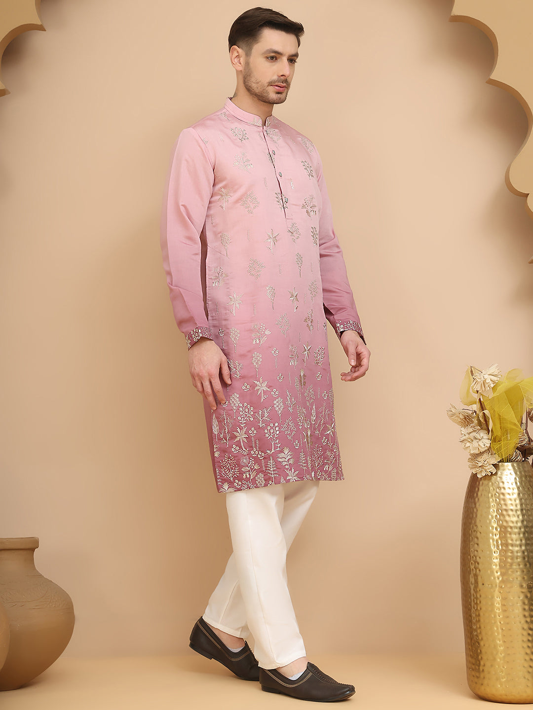 DesiQlo Men Silk Blend Kurta Pyjama Set - Pink