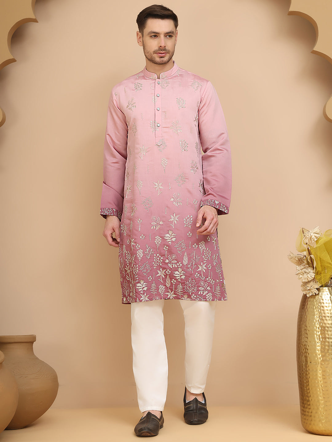 DesiQlo Men Silk Blend Kurta Pyjama Set - Pink