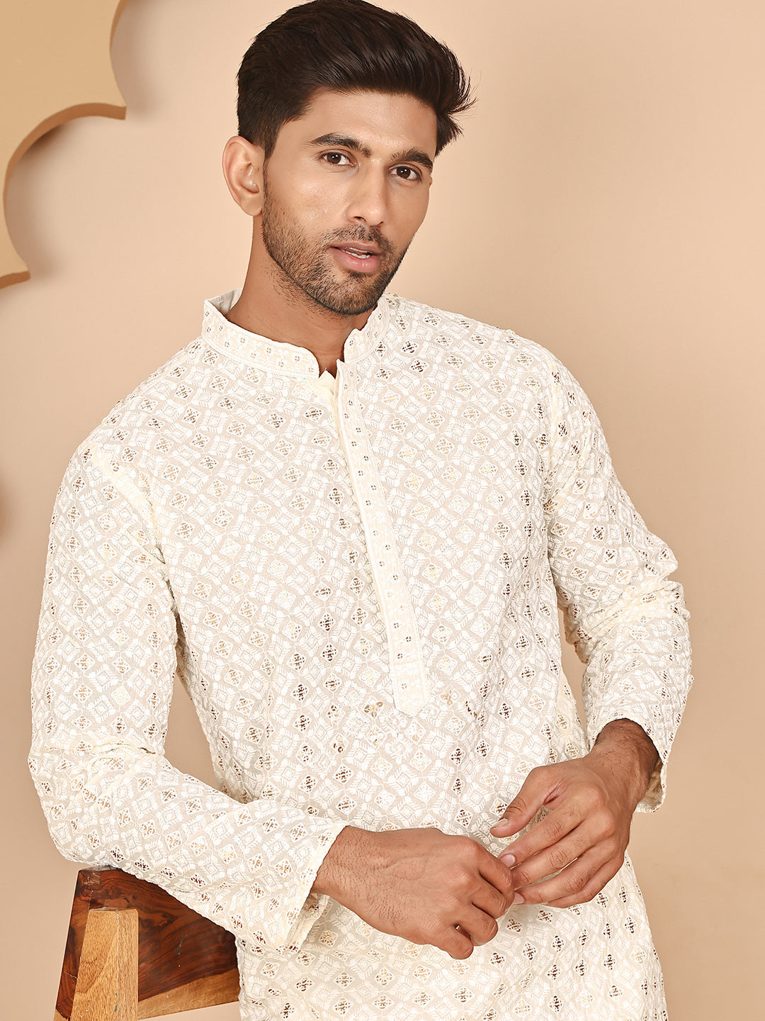 DesiQlo Men Embroidered Kurta Pyjama Set - Beige - JOKP_P_5260Cream_S