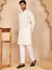 Men’s Ethnic Cotton Embroidered Kurta Pyjama ( JOKP P 5260 P 5260Cream ) [FF] [P-17]