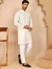 Men’s Ethnic Cotton Embroidered Kurta Pyjama ( JOKP P 5260 P 5260Cream ) [FF] [P-17]