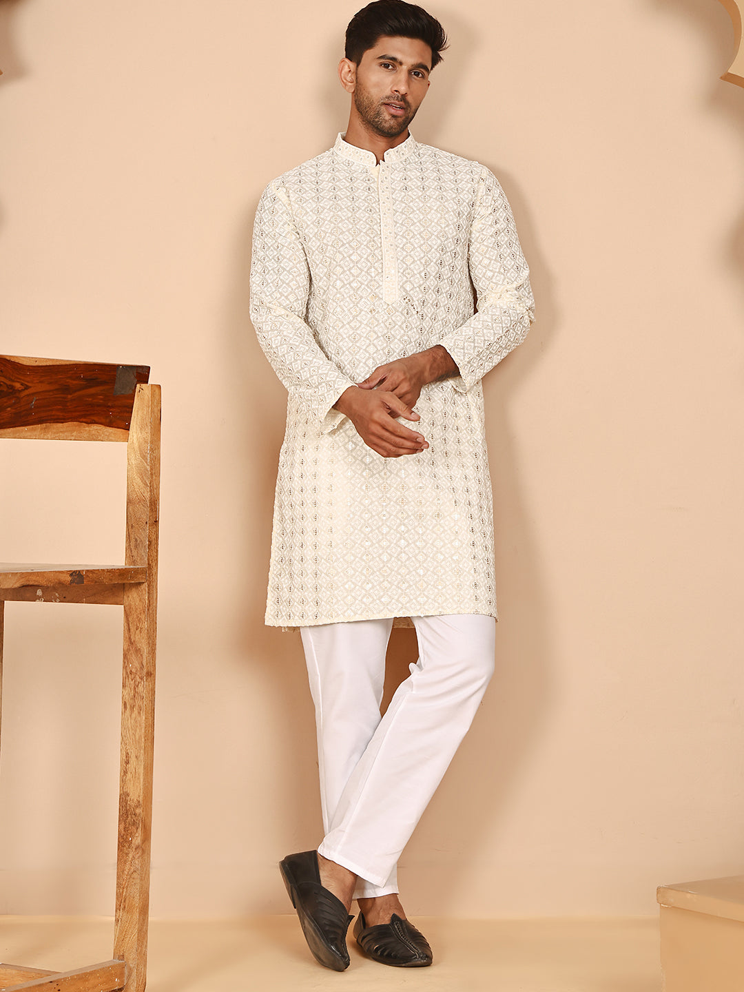 DesiQlo Men Embroidered Kurta Pyjama Set - Beige - JOKP_P_5260Cream_S