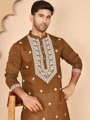 Embroidered Silk Blend Kurta Pyjama Set for Men ( JOKP P 5263 P 5263Mehndi ) [FF] [I-1-4]