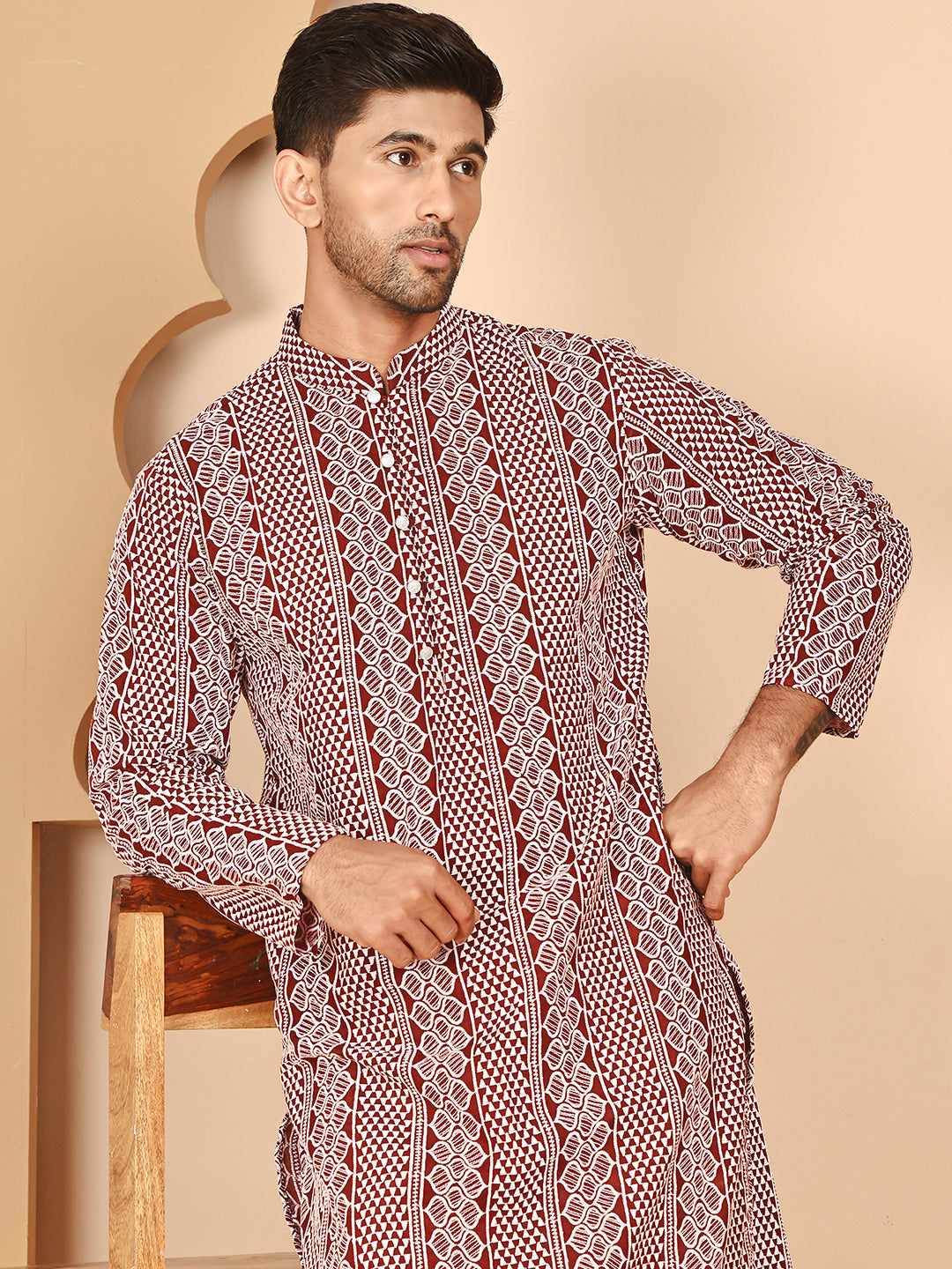 DesiQlo Men Embroidered Kurta Pyjama Set - Maroon - JOKP_P_5264Maroon_