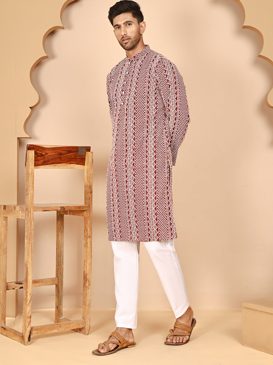 DesiQlo Men Embroidered Kurta Pyjama Set - Maroon - JOKP_P_5264Maroon_