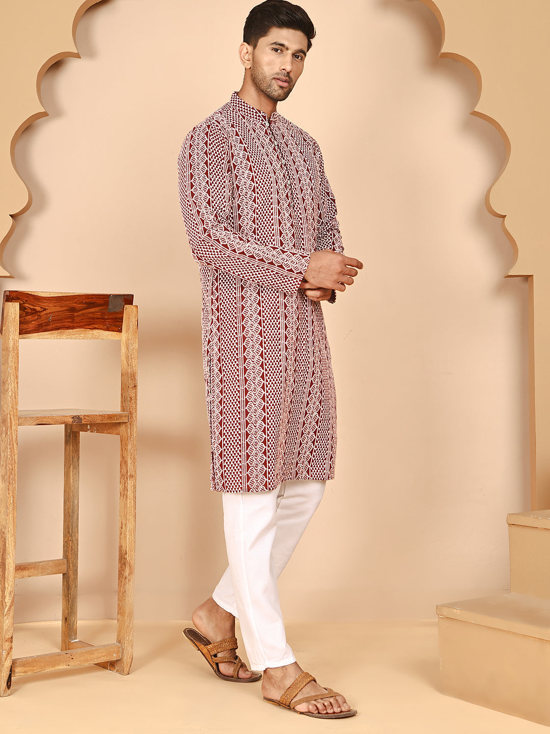 DesiQlo Men Embroidered Kurta Pyjama Set - Maroon - JOKP_P_5264Maroon_