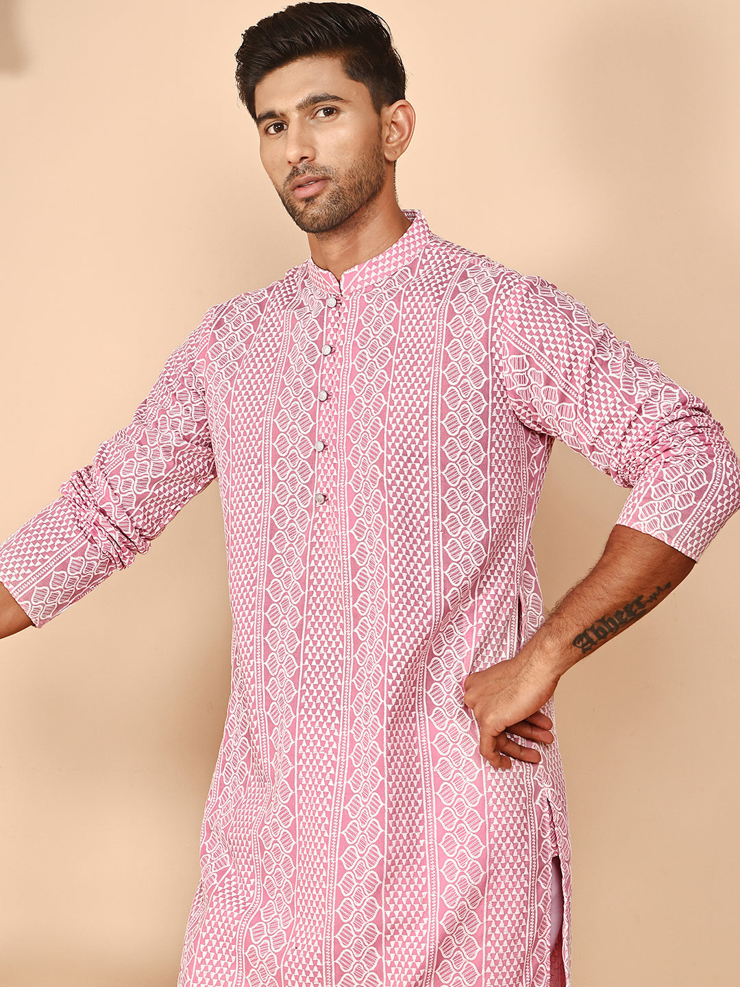 DesiQlo Men Embroidered Kurta Pyjama Set - Pink - JOKP_P_5264Pink_S