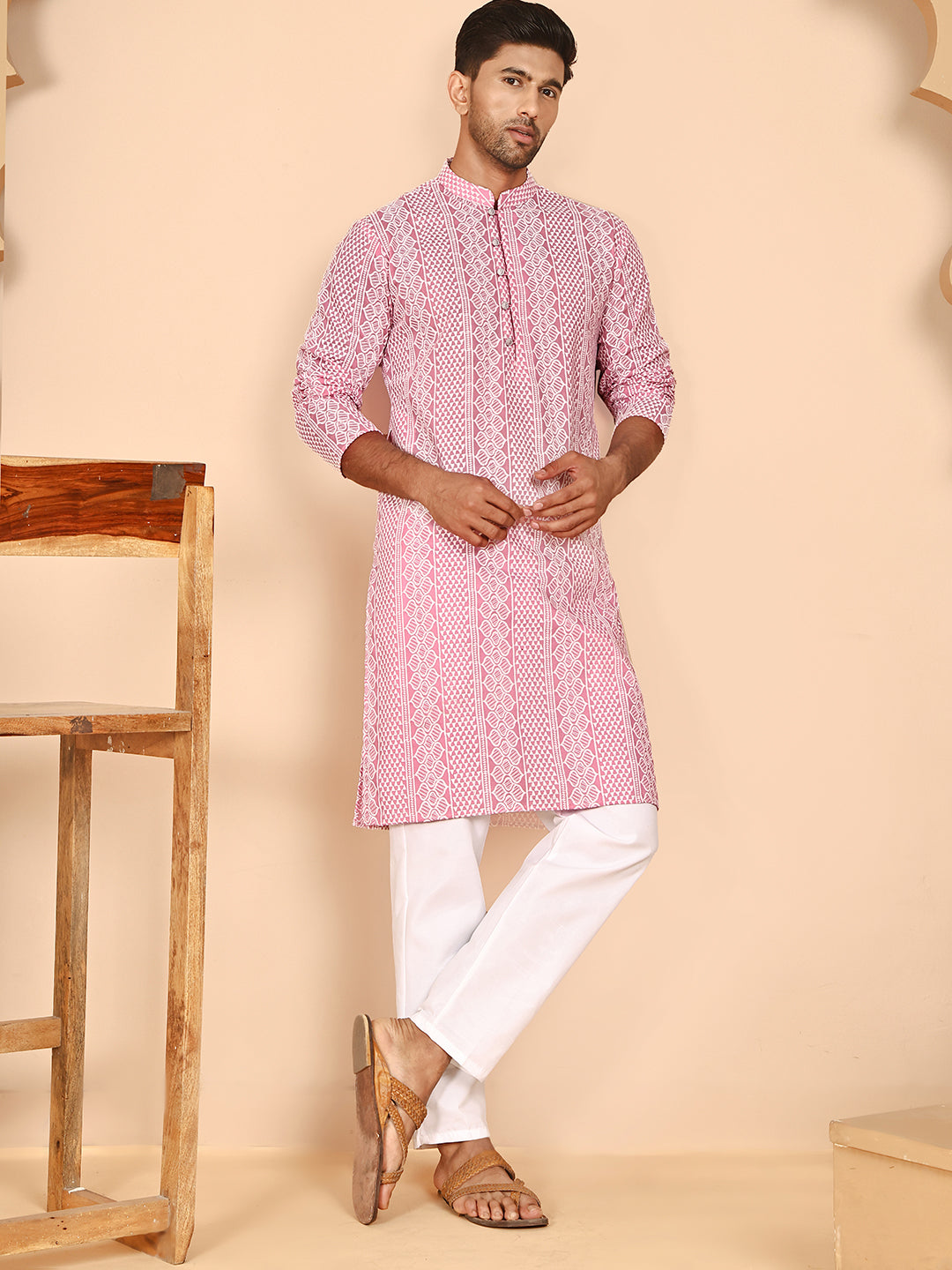 DesiQlo Men Embroidered Kurta Pyjama Set - Pink - JOKP_P_5264Pink_S