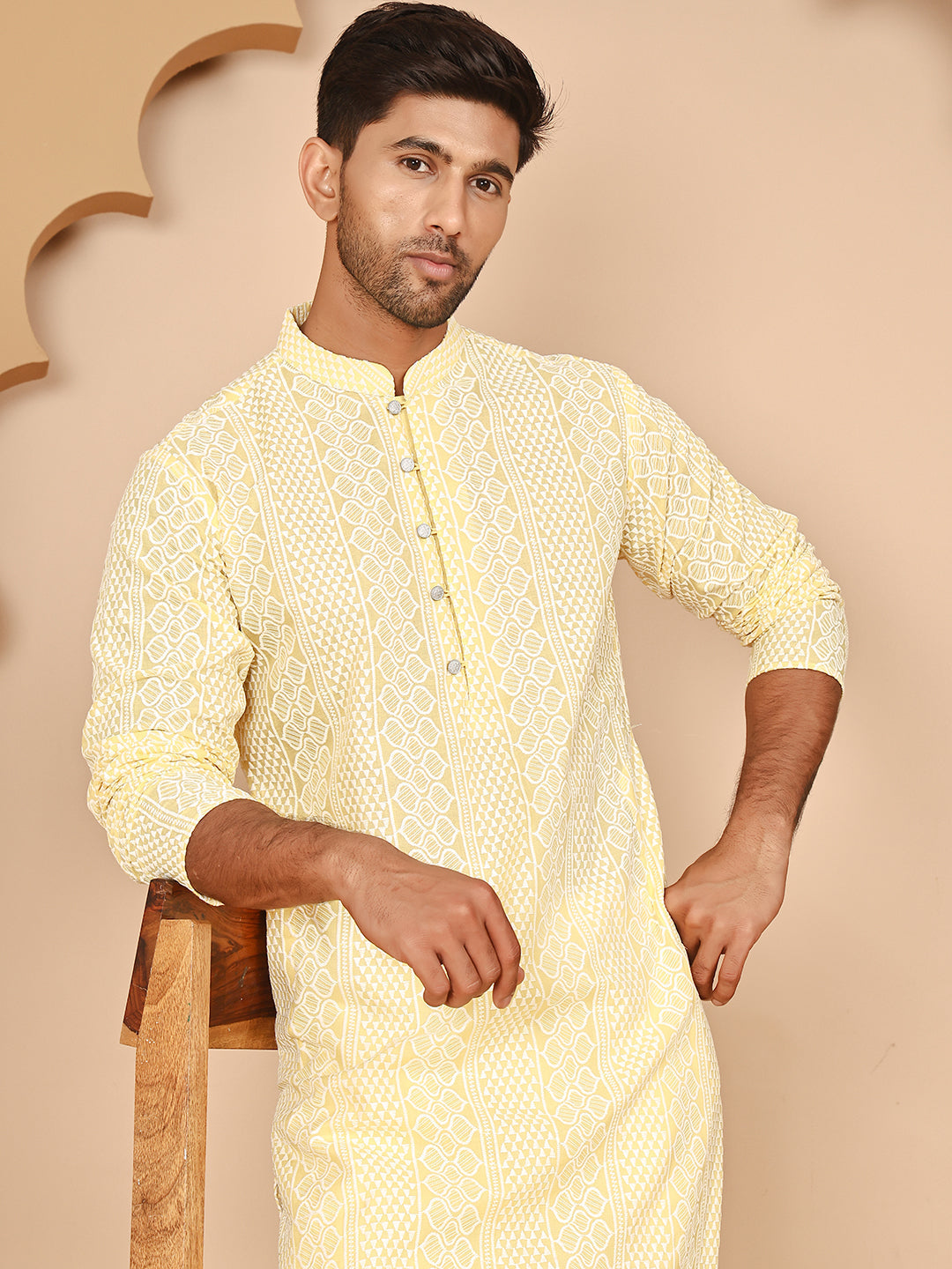 DesiQlo Men Embroidered Kurta Pyjama Set - Yellow - JOKP_P_5264Yellow_
