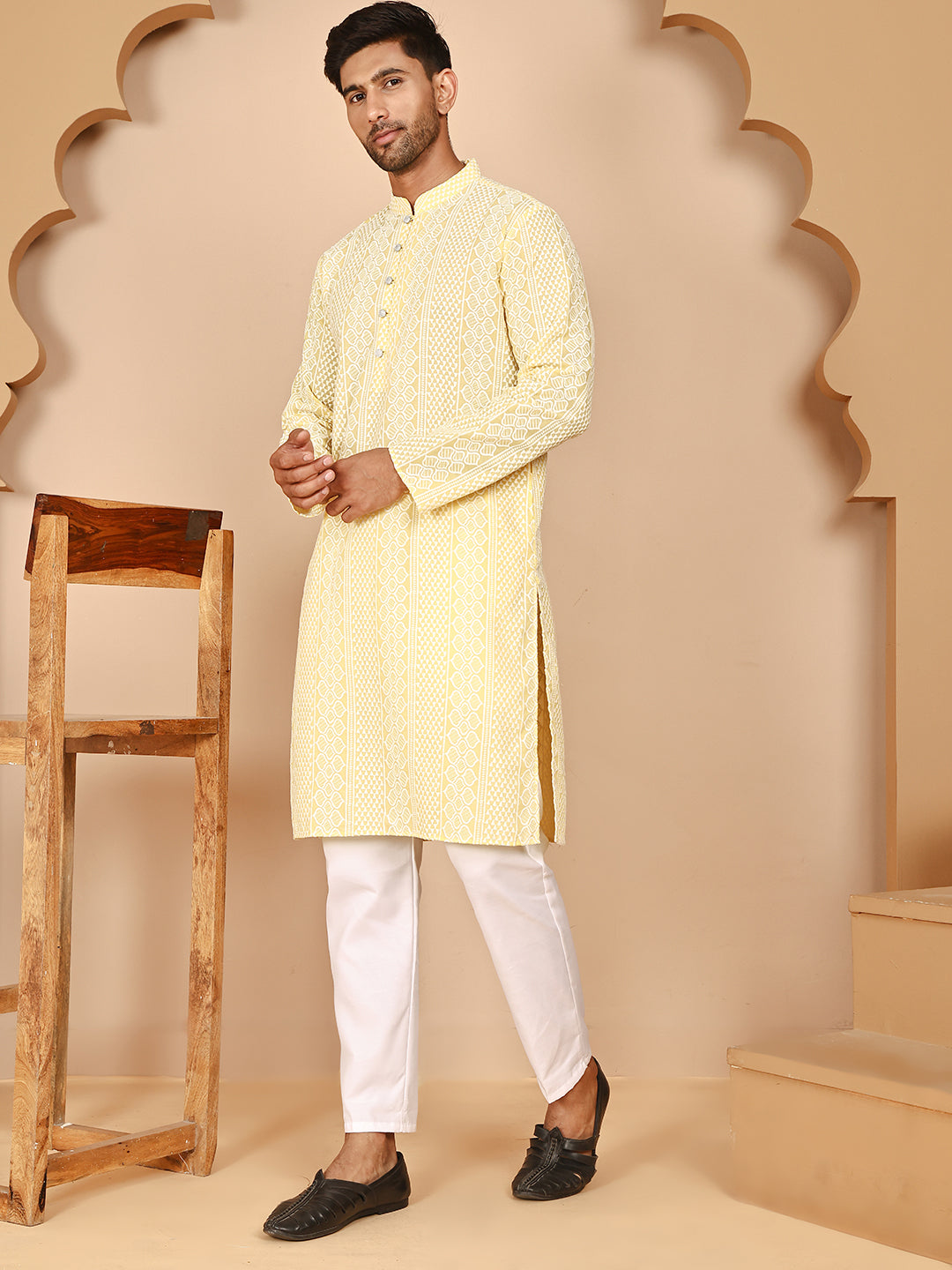DesiQlo Men Embroidered Kurta Pyjama Set - Yellow - JOKP_P_5264Yellow_