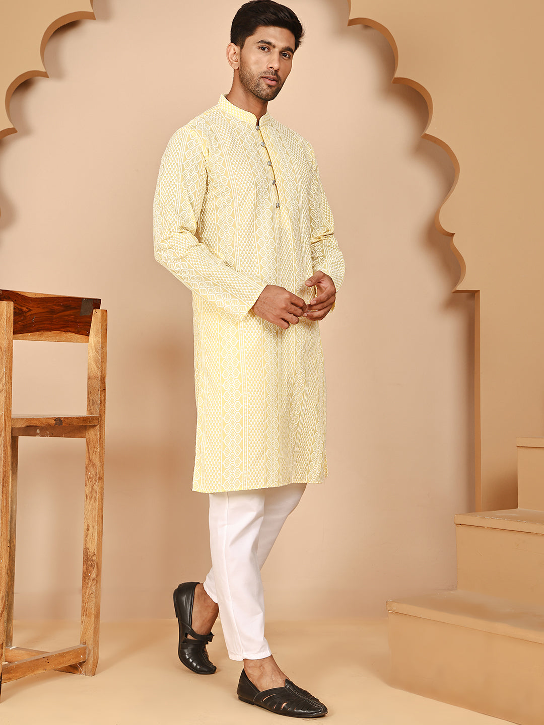 DesiQlo Men Embroidered Kurta Pyjama Set - Yellow - JOKP_P_5264Yellow_