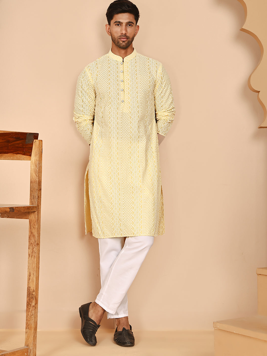 DesiQlo Men Embroidered Kurta Pyjama Set - Yellow - JOKP_P_5264Yellow_