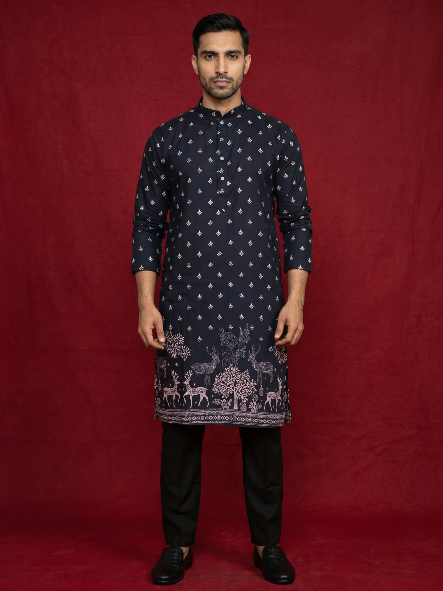 DesiQlo Men Printed Kurta Pyjama Set - Black - JOKP_5266Black_S
