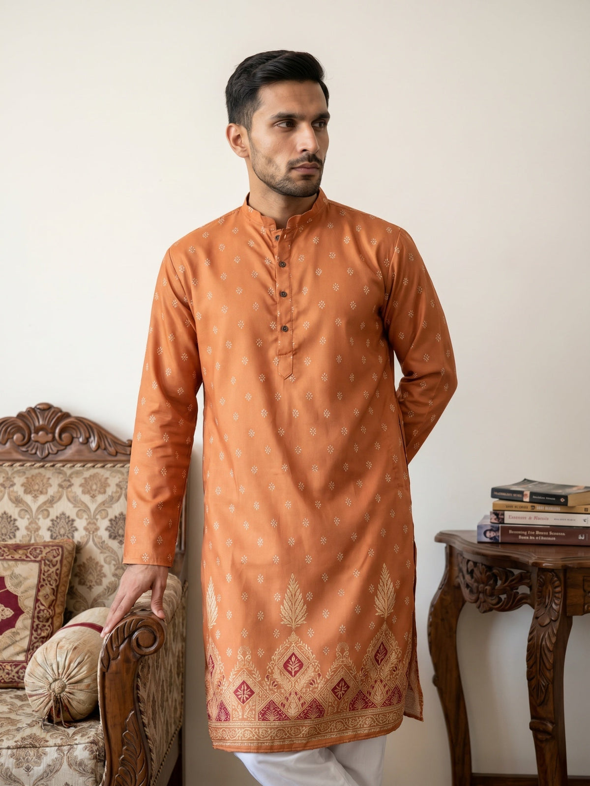 Men’s Ethnic Printed Kurta with Pyjama ( JOKP 5266Orange )