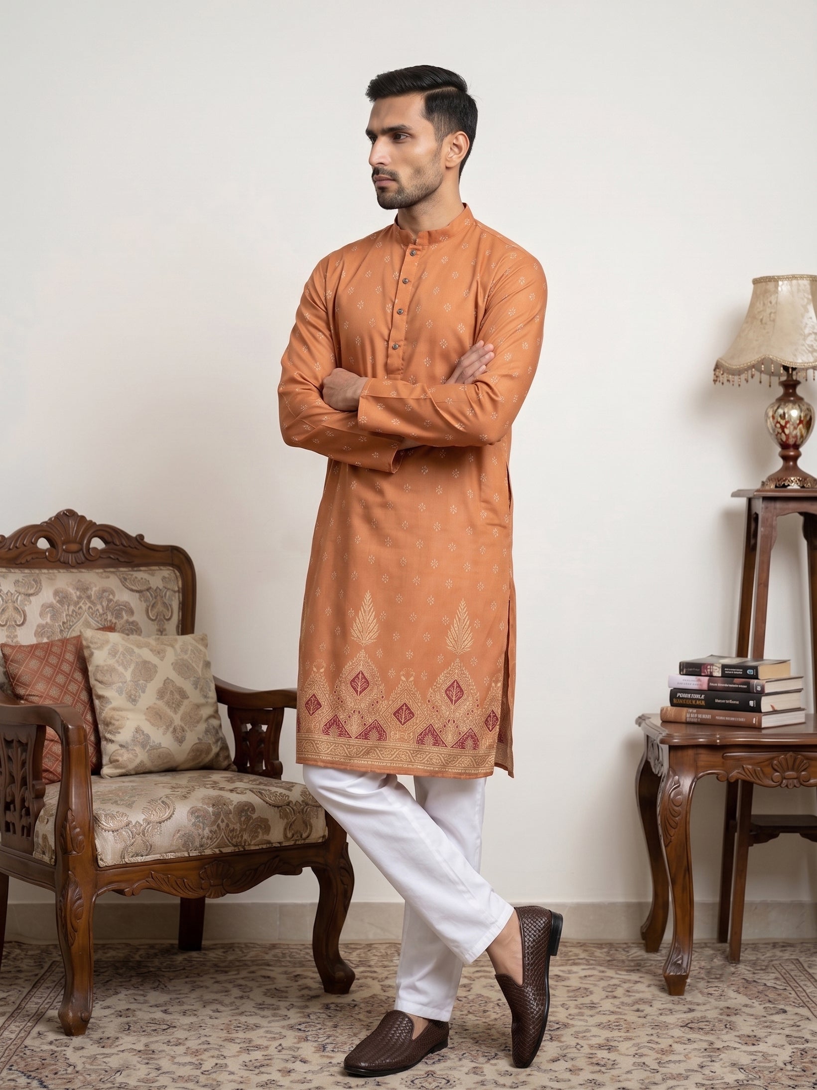 DesiQlo Men Printed Kurta Pyjama Set - Orange