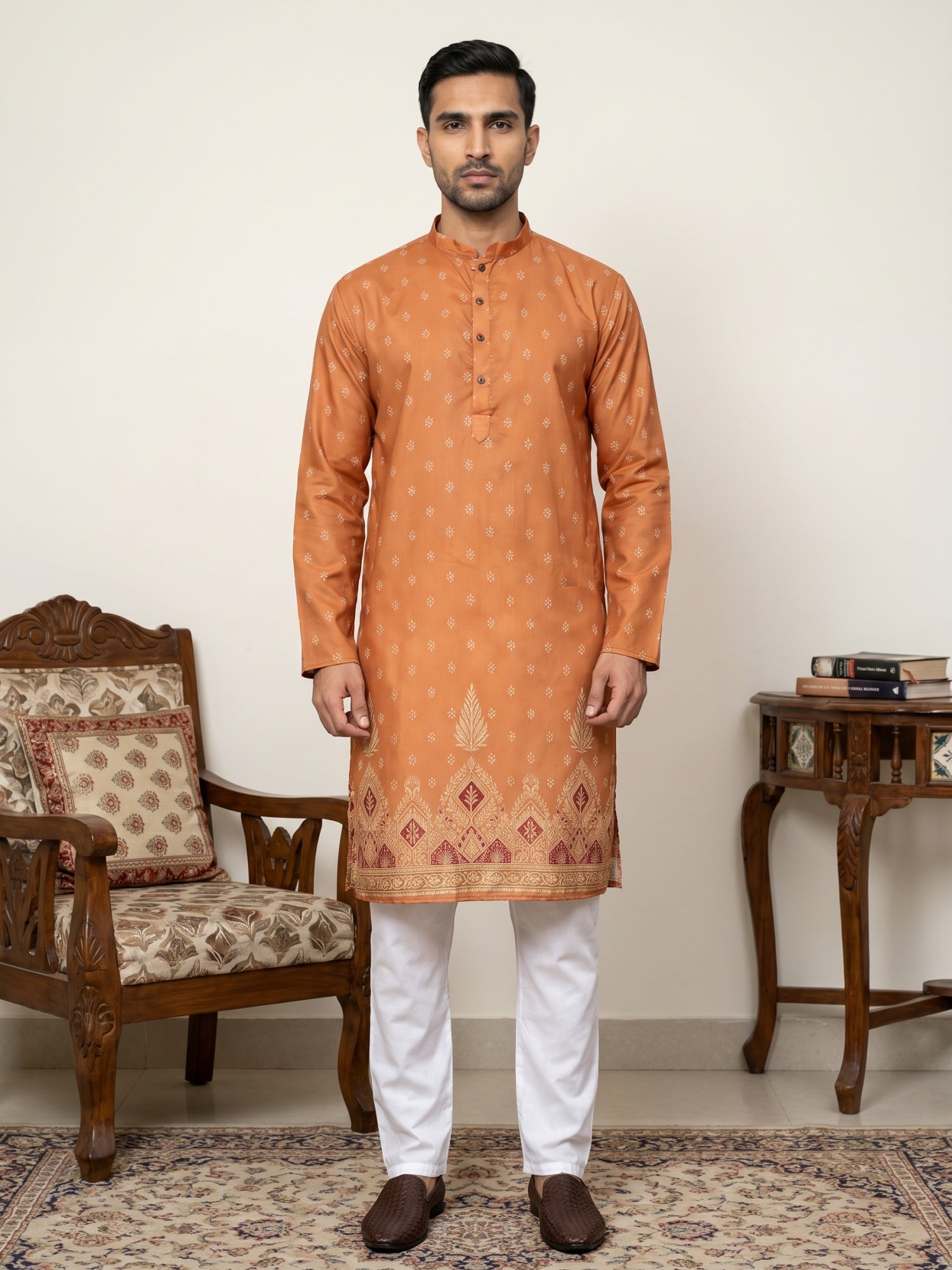 DesiQlo Men Printed Kurta Pyjama Set - Orange