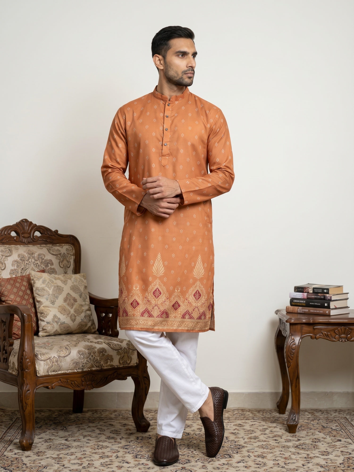 DesiQlo Men Printed Kurta Pyjama Set - Orange